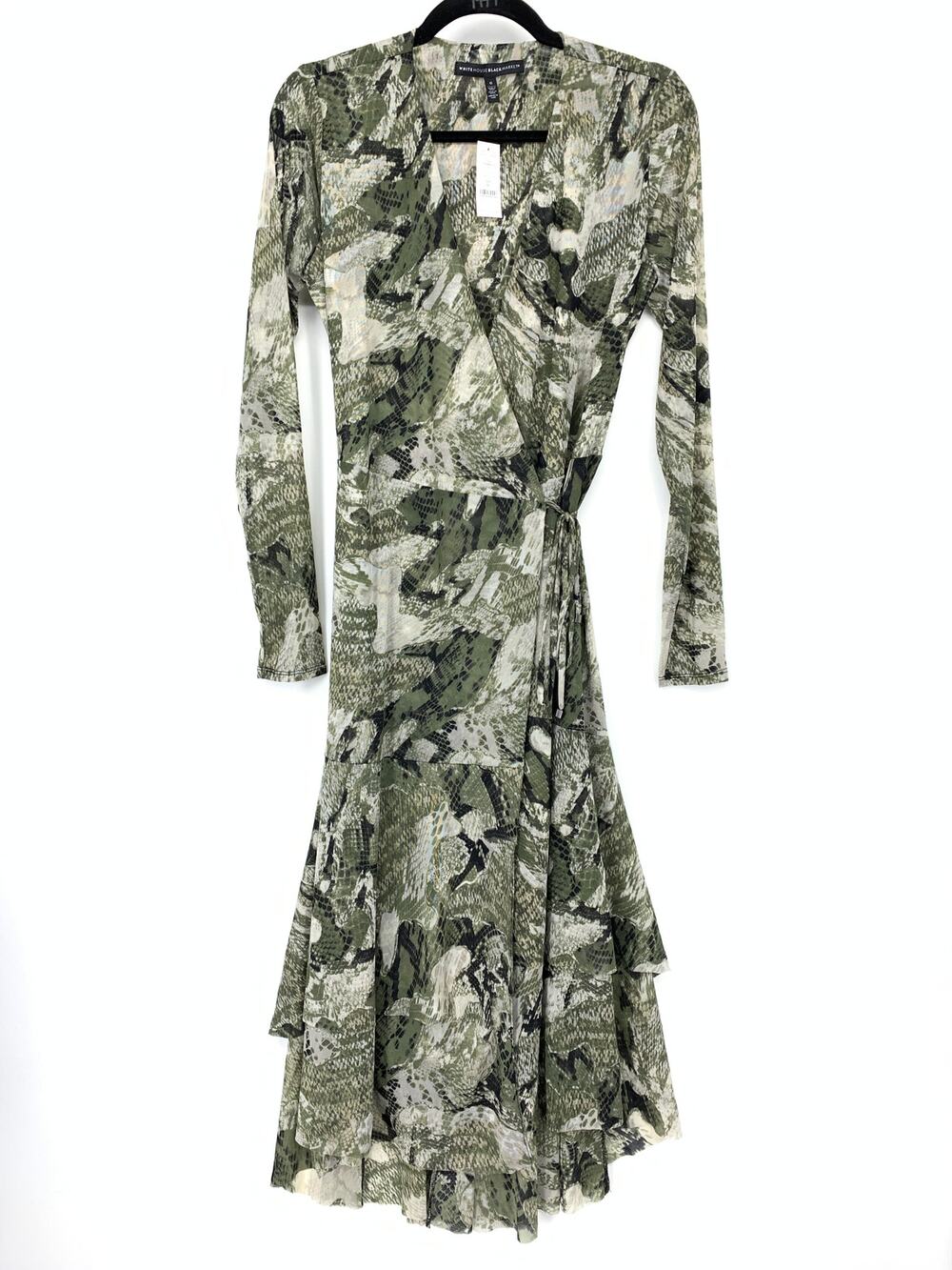White House Black Market Snake Print Tiered Mesh Wrap Dress Womens Ruffle Sz 6